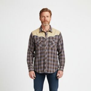 Vintage Karman Western Shirt Men's 17 34 Brown Plaid Pearl Snap Made USA 80s